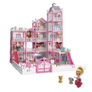Rumah boneka impian mainan blok bangunan furnitur Mini Vila Mewah Kastil bercahaya dirakit rumah bermain puzzle Natal untuk anak-anak