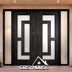 Luxury Modern Double Front Entry Door with Geometric Wood Grain Decorative Panels for Villa Entrance - Product Image 6