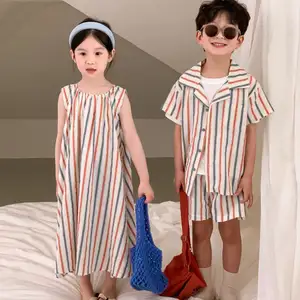 Großhandel Produkt Mädchen Kleid Schwester Outfit Mode Vintage Striped Prints Kleider und Jungen Kleidung Set