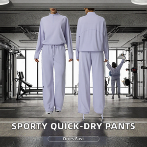 Women Tracksuit Waffle Weave Quick Dry Sportswear Set Stand Collar Half Zip Pullover and Drawstring <b>Pants</b> - Product Image 2