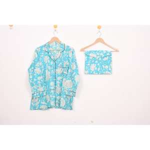 Beautiful Printed Blue Floral Cotton Pajama Set - Handmade Block Print Sleepwear For Women's Nightwear Wholesale Price - Product Image 1