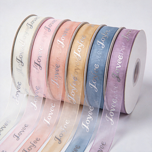 Custom Printed Organza <b>Ribbon</b> Happy Wedding Love Gold Foil Sheer <b>Ribbon</b> Rolls for Gift Wrapping Wedding Bouquet Decoration - Product Image 1