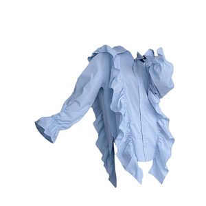 Women's <b>Light</b> Blue Ruffle Blouse Long Sleeve <b>Balloon</b> Sleeve Turn-down Collar Button Down Loose Fit Spring Summer Solid Color - Product Image 4