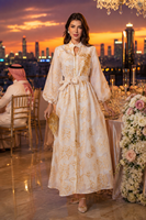 Robe longue maxi à col montant et manches bouffantes en fil doré avec ceinture, Abaya brodée pour femme, idéale pour l'Aïd, les vacances et les banquets