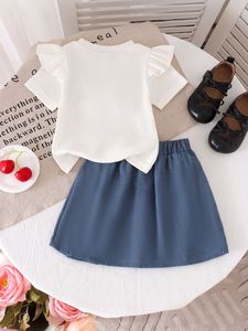 Nouvelle Collection É<span class=keywords><strong>t</strong></span>é Vêtements pour Enfants Ensemble Deux Pièces pour Bébé Fille <span class=keywords><strong>T</strong></span>-<span class=keywords><strong>Shirt</strong></span> <span class=keywords><strong>Blanc</strong></span> Jupe Bleue Coton Manches Courtes Grand Nœud - Product Image 2