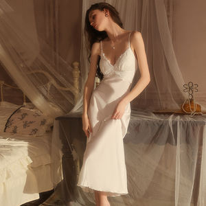 Ropa de dormir de satén de verano para mujer, dulce satén sedoso, escote en V profundo con almohadillas para sujetador, camisón largo de encaje, bata Kimono 5620 - Product Image 4