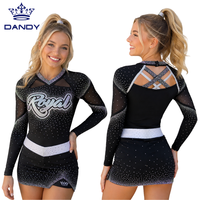 Uniforme de cheerleading personnalisé noir avec strass, haut à manches longues avec inserts en mesh et jupe avec logo de l'équipe royale pour la compétition