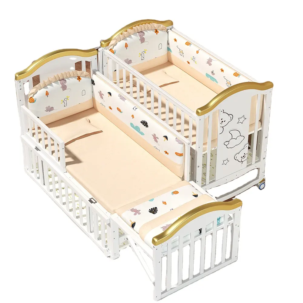 Beau lit de bébé en bois massif de style européen populaire avec roues pour nouveau-né