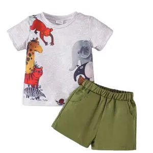 2024 Summer ODM Casual European American Children's Clothing Cute Small Animal Pattern Neck T-Shirt Shorts 2-Piece Set Baby