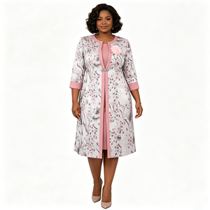 Ensemble robe de cocktail imprimée florale grande taille pour femme avec veste, élégant, col rond, longueur genou, pour l'automne et les occasions religieuses - Product Image 2
