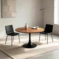 Table basse ronde Mid-Century Tulip, plateau en placage de bois, base en métal noir pour salon et café