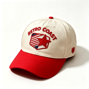 Gorra de Béisbol Retro Coast Bordada de 6 Paneles, Unisex, Corona Blanca, Visera Curva Roja, 100% Algodón Lavado, Bordado de Estrella y Puntos - Product Image 5
