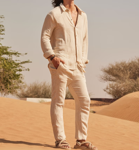 Fabricants de vêtements bouton personnalisé hommes 2 pièces blazer en <span class=keywords><strong>lin</strong></span> chemise de travail hommes hauts ensemble <span class=keywords><strong>tenue</strong></span> d'été Fabrik pantalon hommes - Product Image 3