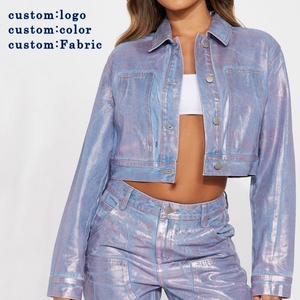 Nueva Chaqueta Corta de Mezclilla para Mujer, Estilo Urbano, Diseño Personalizado, Detalles Reflectantes, Relleno de Algodón, Cuello Alto con Botones - Product Image 1