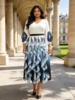 Robe midi plissée pour femmes grandes tailles, col en V, manches 3/4, ornement floral 3D, dégradé rouge et blanc, jupe à volants irréguliers en cascade