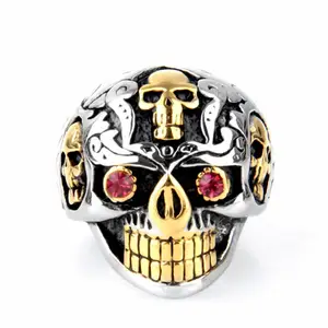 Casting Jewelry Unisex Mens Gold Ring Models Hip Hop Fashion Gothic Red Eyes Biker Skull Rings for Men Women