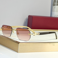 Nouvelles Lunettes de Soleil de Luxe Rétro Classiques pour Hommes, Verres UV400, Monture en Bois Sans Cadre en Corne de Buffle, Titane, Oculos De Sol