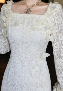 Bettergirl 2025 nuevo Vestido largo de pétalo de perla colgante de <span class=keywords><strong>estambre</strong></span> de crisantemo de encaje de lujo ligero francés - Product Image 2