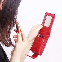 Boîte à rouge à lèvres portable de voyage avec miroir intégré, pochette cosmétique en cuir PU gaufré croco, étui de rangement pour rouge à lèvres pour femmes