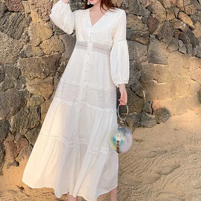 new arrivals women summer white maxi length beach dresses amazon hot sale sexy V-neck single breasted hollow lace dresses