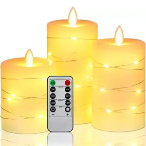 Vela LED para iluminação de férias Ramadã 3 peças, velas sem chama com luz de corda embutida, luz alimentada por bateria