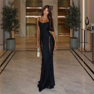 Vestido de Noche Elegante para Mujer, Color Sólido, con Encaje, Corte Entallado, Tirantes Finos, Cola de Capilla, Abertura Lateral, Cómodo para Fiestas - Product Image 6