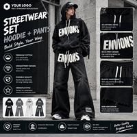 Ensemble survêtement unisexe deux pièces Y2K streetwear avec sweat à capuche zippé noir personnalisé à motif graphique et pantalon large imprimé lettres OEM ODM