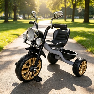 Tricycle pour enfants en plastique de style rétro, 2-6 ans, avec pédales, 3 roues, phare et panier de rangement. - Product Image 2