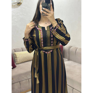 Caftán Largo de Crepé Premium con Cinturón, Patrón Geométrico, Transpirable, Ligero, Elegante y Modesto, Vestido Maxi para Uso Casual, Nocturno o Formal - Product Image 2