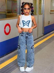 Pantaloni Jeans di ultima generazione per ragazza Street Hip Hop Multi Pocket pantaloni <span class=keywords><strong>Cargo</strong></span> per bambini Jeans Vintage di alta qualità per ragazza - Product Image 2