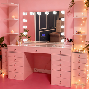 slim fit dress slacks BarberPub Makeup Vanity Desk with Mirror&LED Lights, Glass Top Dressin main image 1