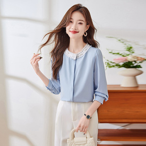 Women's Blue Chiffon Blouse With Ruffle Collar Long Sleeve Elegant Top For Everyday Wear - Product Image 1