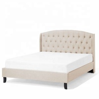 Belle couleur ivoire double reine roi taille boutons tête de lit arrière ailé stable cadre en bois massif faux lit en tissu d'ameublement