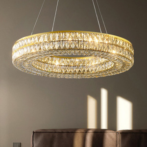 Lámpara Colgante LED de Cristal Dorado y Acero Inoxidable con Altura Ajustable para Sala de Estar, 5000K, Control Remoto, Regulable - Product Image 1