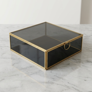 Artisan Design Square Black <b>Glass</b> <b>Jewelry</b> <b>Box</b> Brass/<b>Glass</b> Frame Gold Accents Necklace Cosmetic Storage for Elegant Organization - Product Image 1