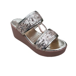 Sandalias de cuña de verano de alta calidad con lentejuelas brillantes y dos bandas, con hebilla metálica, elevadas, para mujer, para exterior, sin cordones. - Product Image 5