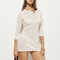 Robe Courte Tricotée pour Femme, Manches 3/4, Bord Festonné, Crochet Creux, Idéale pour les Vacances d'Été et la Plage – Fabrication Personnalisée