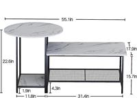Table basse ensemble de 2 tables d'appoint de rangement Table ronde et rectangulaire en faux marbre blanc moderne pour salon chambre à coucher salle à manger