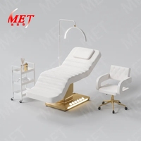 Table de massage moderne en cuir blanc avec base en acier inoxydable doré, lit de salon électrique de luxe à 3 moteurs avec commande au pied
