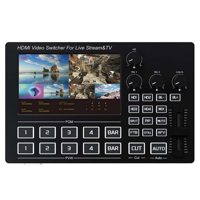 SYONG 4 Channel 5 Inch Screen HDMI Video Switcher Mic Mixer Multi Camera Live-Streaming Support Type C Video Capture Card Record