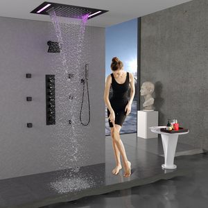 14x20 pollici di lusso nero soffitto montaggio LED pioggia <span class=keywords><strong>doppio</strong></span> pioggia soffioni <span class=keywords><strong>doccia</strong></span> bagno termostatico sistema <span class=keywords><strong>doccia</strong></span> Set infissi - Product Image 2