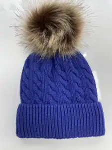 Nhà Sản Xuất Bán Buôn Chất Lượng Cao Dệt Kim Đồng Bằng Trẻ Em Beanie Giả Lông Pompom 100% Bông Mũ Mùa Đông Với Biểu Tượng Tùy Chỉnh