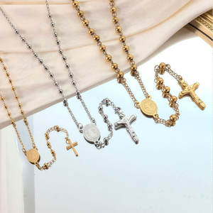 Collares Religiosos de Acero Inoxidable con Cuentas, Collar de Rosario con Cruz de Oro Sólido de 14k y 18k para Mujeres, Hombres y Niñas - Product Image 1