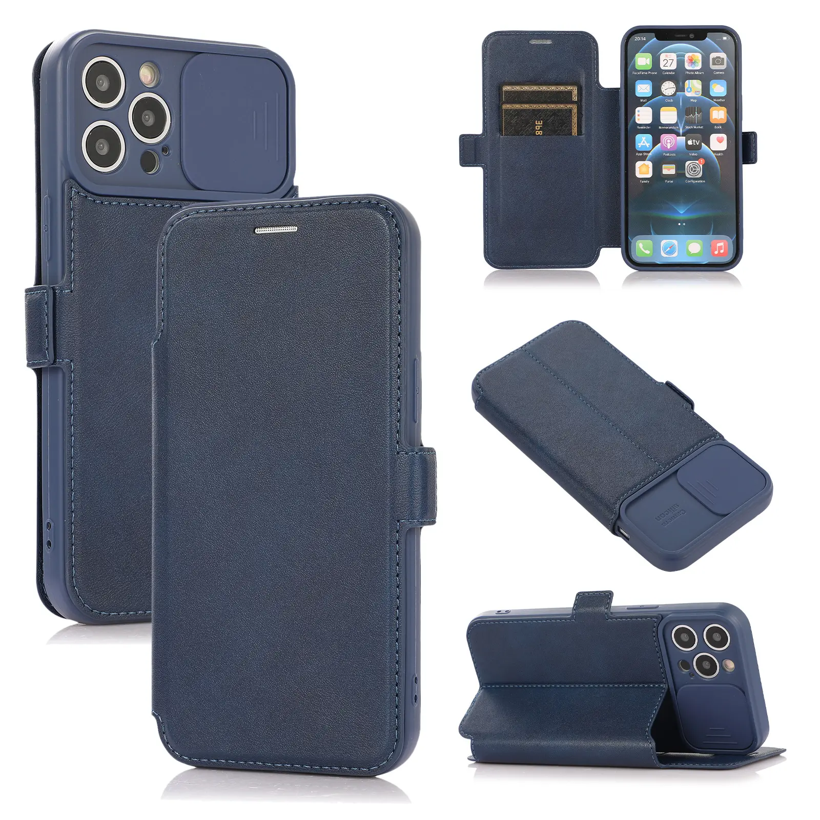 For iPhone 14 13 12 11 Flip Cover Stand Case Camera Slide Leather Wallet Case Leather for iPhone Case with Camera Protection