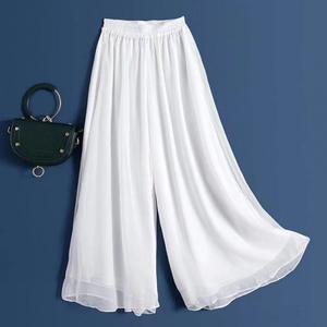 Moda mujer Casual gasa pantalones de pierna ancha tamaño grande suelto sólido blanco banda elástica cintura alta ropa femenina pantalones de gran tamaño - Product Image 3