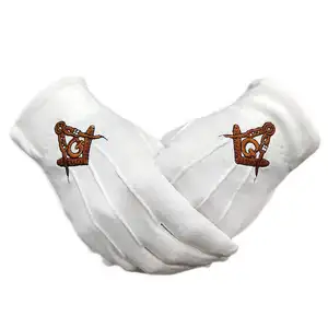 New Style Custom Logo White Cotton Church Freemason Gold Square Compass Masonic Embroidery Gloves Mason