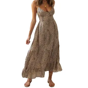 Women Summer Spaghetti Strap V Neck Leopard Print Low Cut Backless Maxi Dress