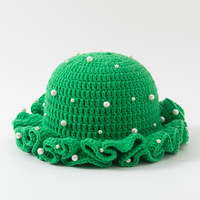 PARTYMENT Gorro de pescador de punto con borde con volantes hecho a mano Gorro de ganchillo con perlas decoradas