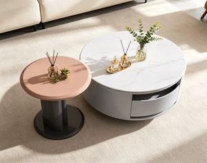 Modern <b>Round</b> <b>Coffee</b> <b>Table</b> Set Faux Marble Top Metal Frame Storage Living Room Furniture Minimalist Design - Product Image 3