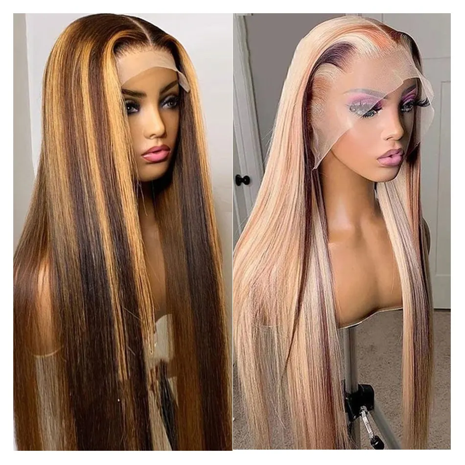 Transparent Blonde HD Full Lace Human Hair Wigs Highlighted Lace Front Colored Ombre Highlight Lace Frontal Wigs For Black Women